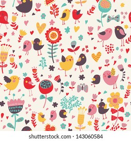 Romantic floral seamless pattern with cute small birds in the garden. Birds in love with retro flowers and butterflies. Vector background can be used for wallpapers, pattern fills, textile