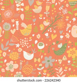 Romántico patrón floral sin costuras con adorables pájaros pequeños en flores. Fondo de primavera vectorial en colores de verano
