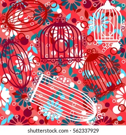 Romantic Floral Seamless Pattern with Empty Cages and  Flowers. Vector Spring Background. Wedding Stylish Decoration. Texture for Holiday Cards, Design Wallpaper, Web page, Flyer. Vector illustration.