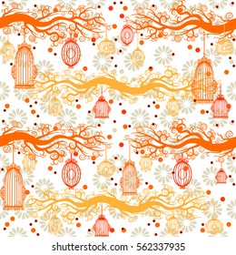 Romantic Floral Seamless Pattern with Empty Cages and  Flowers. Vector Spring Background. Wedding Stylish Decoration. Texture for Holiday Cards, Design Wallpaper, Web page, Flyer. Vector illustration.