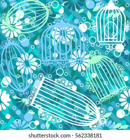 Romantic floral seamless pattern with empty cages and  flowers. Vector spring background. Wedding stylish decoration. Texture for holiday cards, design wallpaper, web page, flyer. Vector illustration.