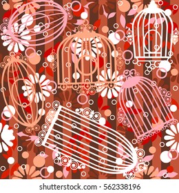 Romantic floral seamless pattern with empty cages and  flowers. Vector spring background. Wedding stylish decoration. Texture for holiday cards, design wallpaper, web page, flyer. Vector illustration.
