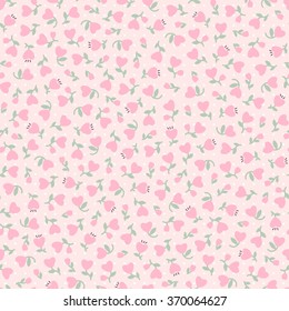 Romantic floral seamless pattern with flat flowers and hearts. Valentines day background in pink colors can be used for textile design, wallpapers and wrapping paper