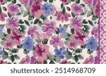 Romantic floral seamless pattern with flowers and leaf. Print for textile wallpaper endless. Hand-drawn watercolor elements. Beauty bouquets. Pink, violet . green. pink on white background. Summer
