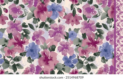 Romantic floral seamless pattern with flowers and leaf. Print for textile wallpaper endless. Hand-drawn watercolor elements. Beauty bouquets. Pink, violet . green. pink on white background. Summer
