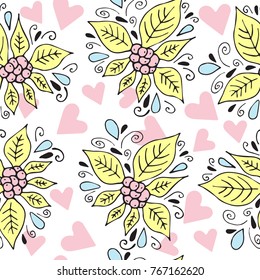 Romantic floral seamless pattern. Hand drawn vector background for Valentines day cards, wedding, print on textile.