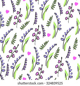 Romantic floral seamless pattern with hearts. Vector