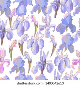 Romantic floral seamless pattern with irises.  Excellent print for greeting cards, clothes, bed linens, fabric, textiles, wallpaper, wrapping paper, gift box.
