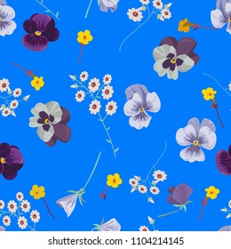 Romantic floral seamless pattern on a blue background. Pansies pattern. Pansy flowers
