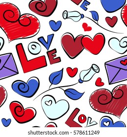 Romantic floral seamless pattern on a white background. Valentine day vector pattern with love text, hearts and letter in red and violet colors.