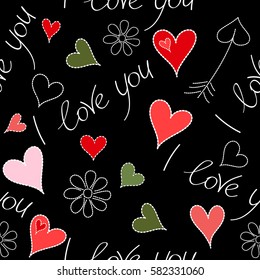 Romantic floral seamless pattern on a black background. Valentine day vector pattern with I love you text and hearts in green, red and pink colors.
