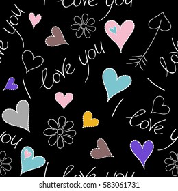 Romantic floral seamless pattern on a black background. Valentine day vector pattern with I love you text and hearts in violet and yellow colors.