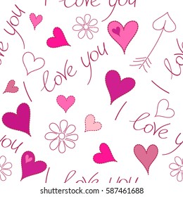Romantic floral seamless pattern on a white background. Valentine day vector pattern with I love you text and hearts in magenta and pink colors.