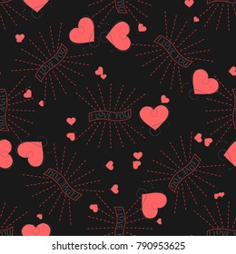 Romantic floral seamless pattern on a black background. Valentine day vector pattern with I love you text and hearts