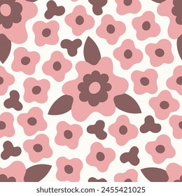 Patrón floral romántico sin costuras con flores rosas. Lindo fondo dibujado a mano con flores y hojas curvadas. Tejido de estampado de diseño simple. Ilustración vectorial