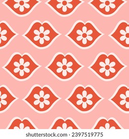 Romantic floral seamless pattern with red lips and daisy flowers. Minimalistic retro print for textile, wrapping paper, web design and social media in style 60s, 70s. Vector illustration