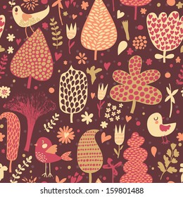 Romantic floral seamless pattern in retro style. Birds in pink flowers