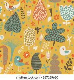 Romantic floral seamless pattern in retro style. Birds in leafs