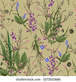 Romantic floral seamless pattern of small field and garden flowers and herbs. Botanical motifs are scattered randomly. Vector for textiles, wallpaper, tile, paper. Print on a beige background.