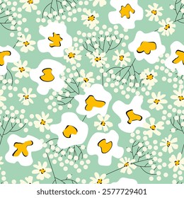 Romantic floral seamless print with white flowers on turquoise background. Cute summer pastoral pattern in pastel palette. Liberty style. For textile, wrapping-paper, gift-paper, cover. Vector.