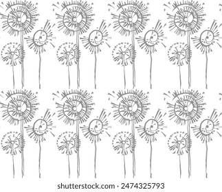 Romantic floral seamless vector pattern hand drawn doodle dandelion summer flowers  botanical background invitation card textile paper wrapping packaging wedding design blossom line art illustration