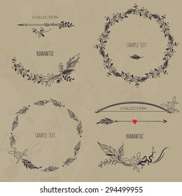 Romantic floral set on texture background. Collection of wreaths, borders, arrows and bow.  Decorative elements for design invitation, cards, labels.