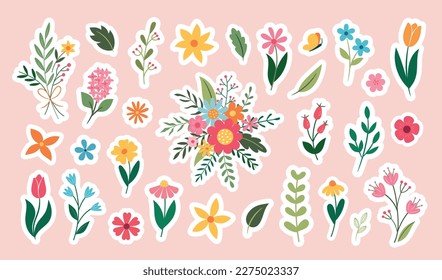 Romantic floral sticker set with different plants, leaves and flowers