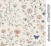 Romantic Floral Toile Seamless Pattern 2 with Butterflies and Bows Whimsical Vintage Botanical Design. Vector Illustration