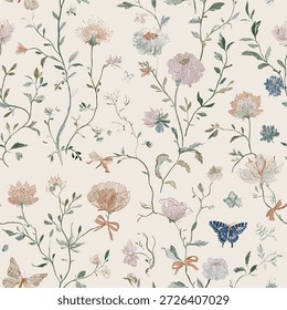 Romantic Floral Toile Seamless Pattern 2 with Butterflies and Bows Whimsical Vintage Botanical Design. Vector Illustration