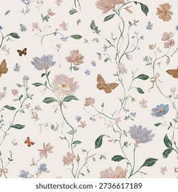 A romantic floral toile seamless pattern delicate hand-drawn flowers, whimsical butterflies, elegant decorative bows. This soft vintage-inspired botanical design creates a light, airy, and dreamy atmosphere, perfect for fabric and textile prints, fashion, wallpaper, stationery, gift wrap, branding, and web design. The refined color palette and graceful floral composition make this seamless vector pattern ideal for romantic, feminine, and classic design projects.
