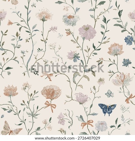 Romantic Floral Toile Seamless Pattern 2 with Butterflies and Bows Whimsical Vintage Botanical Design. Vector Illustration