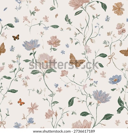 A romantic floral toile seamless pattern delicate hand-drawn flowers, whimsical butterflies, elegant decorative bows. This soft vintage-inspired botanical design creates a light, airy, and dreamy atmosphere, perfect for fabric and textile prints, fashion, wallpaper, stationery, gift wrap, branding, and web design. The refined color palette and graceful floral composition make this seamless vector pattern ideal for romantic, feminine, and classic design projects.