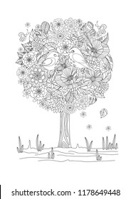 romantic floral tree with birds for your coloring book