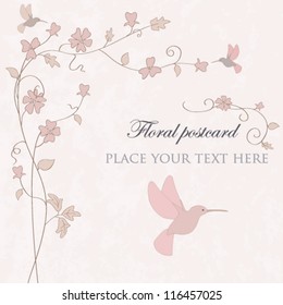 Romantic floral vector postcard with small hummingbird