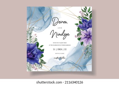 Romantic floral wedding invitation with blue flower ornament