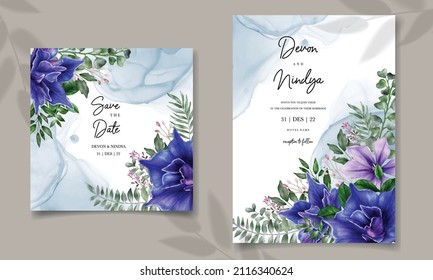 Romantic floral wedding invitation with blue flower ornament