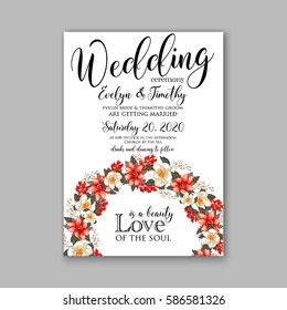 Romantic floral wedding invitation card template with red and wight flowers of peony, poinsettia daisy and anemone