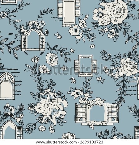 Romantic floral windows seamless vector for elegant textile design