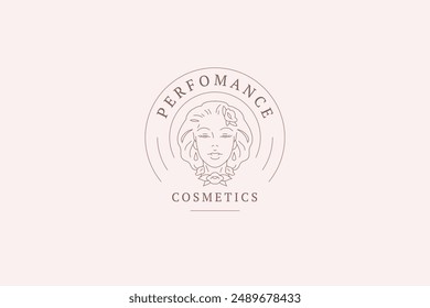 Romantic floral woman face circle line logo design template vector illustration. Elegant female portrait with blossom flowers outline logotype for natural organic cosmetics brand spa beauty studio