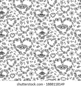 Romantic Floral wreath, heart, butterflies pattern. Cute doodle graphic illustration. Hand drawn elements. Vector printable collection of Valentine's Day card, invitation, poster template design.
