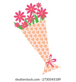 Ramo de flores románticas en papel de regalo estampado en el corazón. Ramo de San Valentín con flores. Ilustraciones planas de Vector
