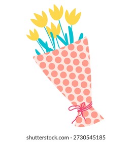 Ramo de flores románticas en papel de regalo estampado. Día de San Valentín Flores amarillas de tulipán. Ilustraciones planas de Vector