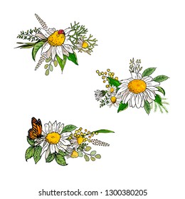 Romantic flower bunch with floral elements + Camomile and butterfly elements forseason spring design