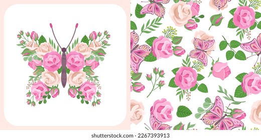 Romantic flower butterfly, pink beige roses and green branches and leaves. Vintage seamless pattern, girly fabric print with butterflies and rose, vector graphic design