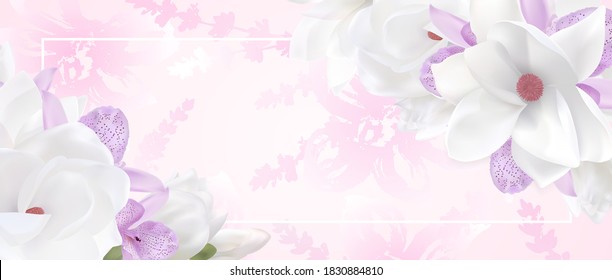 Romantic flower flame design template. Elegant Gift Certificate background with fresh tropical orchid, magnolia bouquet. Beautiful floral card for International women day, wedding invitation, 8 March