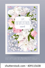 Romantic flower invitation or greeting card for weddings, Valentine's Day and other events with Peonies, leaves, Gypsophila and vintage label. Hand drawn alphabet included.