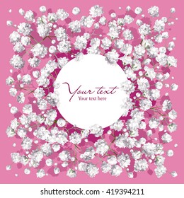 Romantic flower invitation or greeting card for weddings, Valentine's Day, sales and other events with little white flowers and round label.