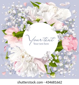 Romantic flower invitation or greeting card for weddings, Valentine's Day and other events with Peonies, leaves, Gypsophila and round white label.