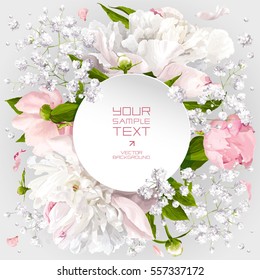 Romantic Flower Invitation Or Greeting Card For Wedding Decoration, Valentine's Day, Sales And Other Events With Little White Flowers And Round Paper Label.