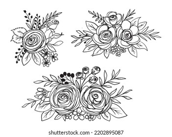 romantic flower and leaves line art ornament collection, flower doodle line art isolated